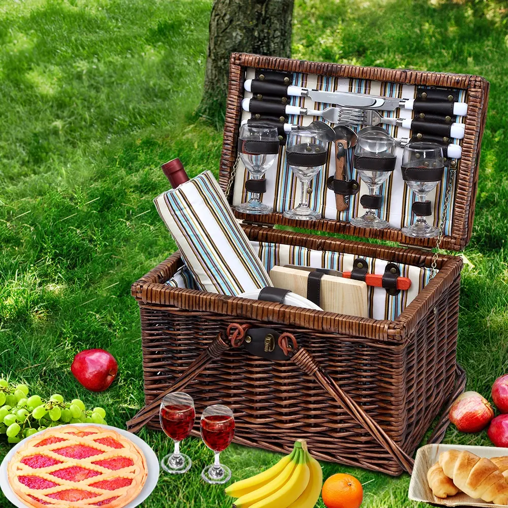 Alfresco 4 Person Picnic Basket Set Deluxe Folding Outdoor Insulated Liquor bag - Home & Garden