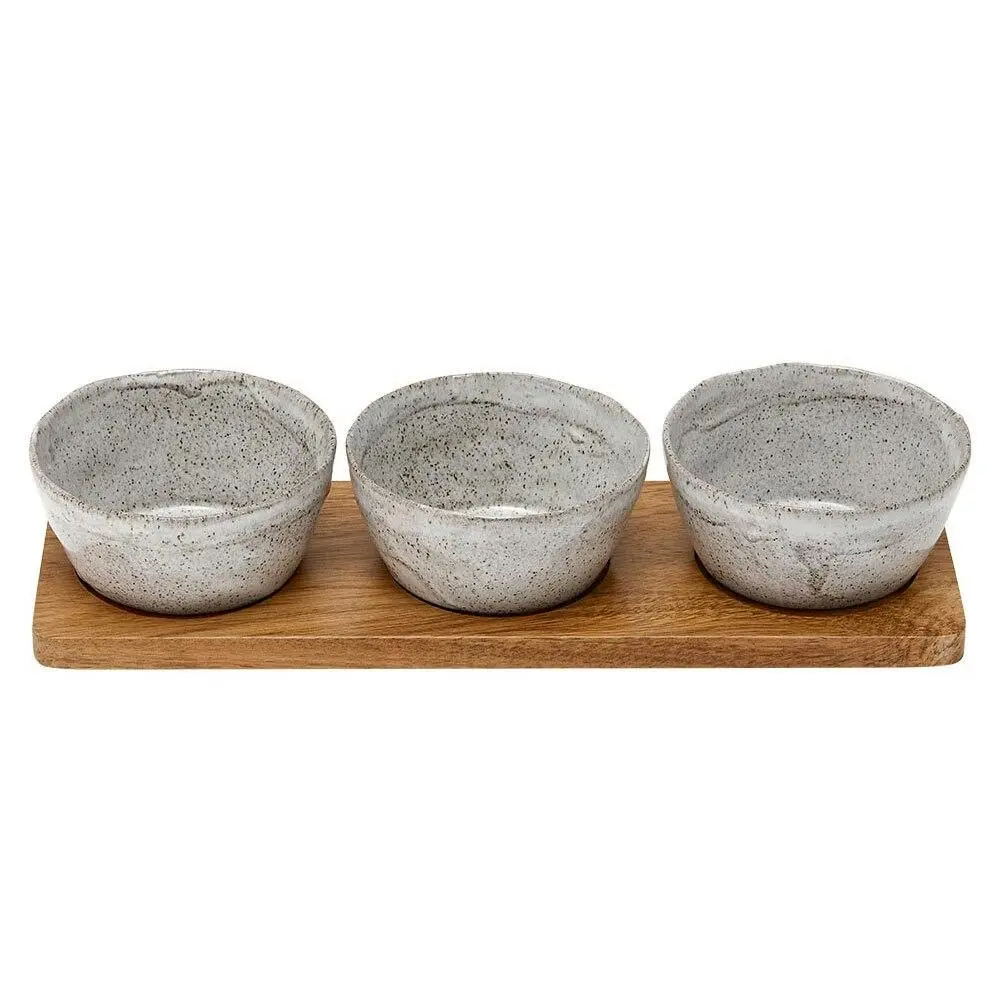 4pc Ladelle Artisan 10cm Deep Porcelain Bowl Set Grey w/ Wooden Board 31cm Tray - Home & Garden