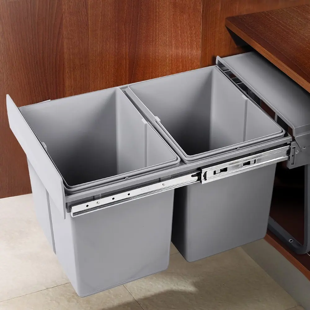 Cefito Pull Out Bin Kitchen Double Basket 2X20L Grey - Home & Garden