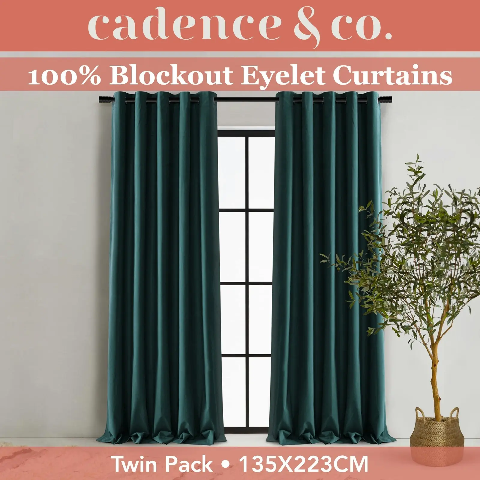 Cadence & Co. Byron Matte Velvet 100% Blockout Eyelet Curtains Twin Pack Deep Teal 135x223cm - Home & Garden