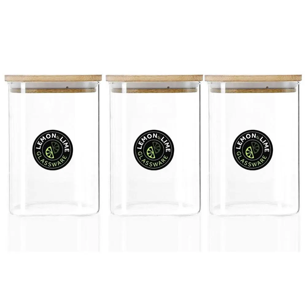 3x Lemon & Lime Camden 1.1L Glass Jar Square Storage Container w/ Bamboo Lid CLR - Home & Garden