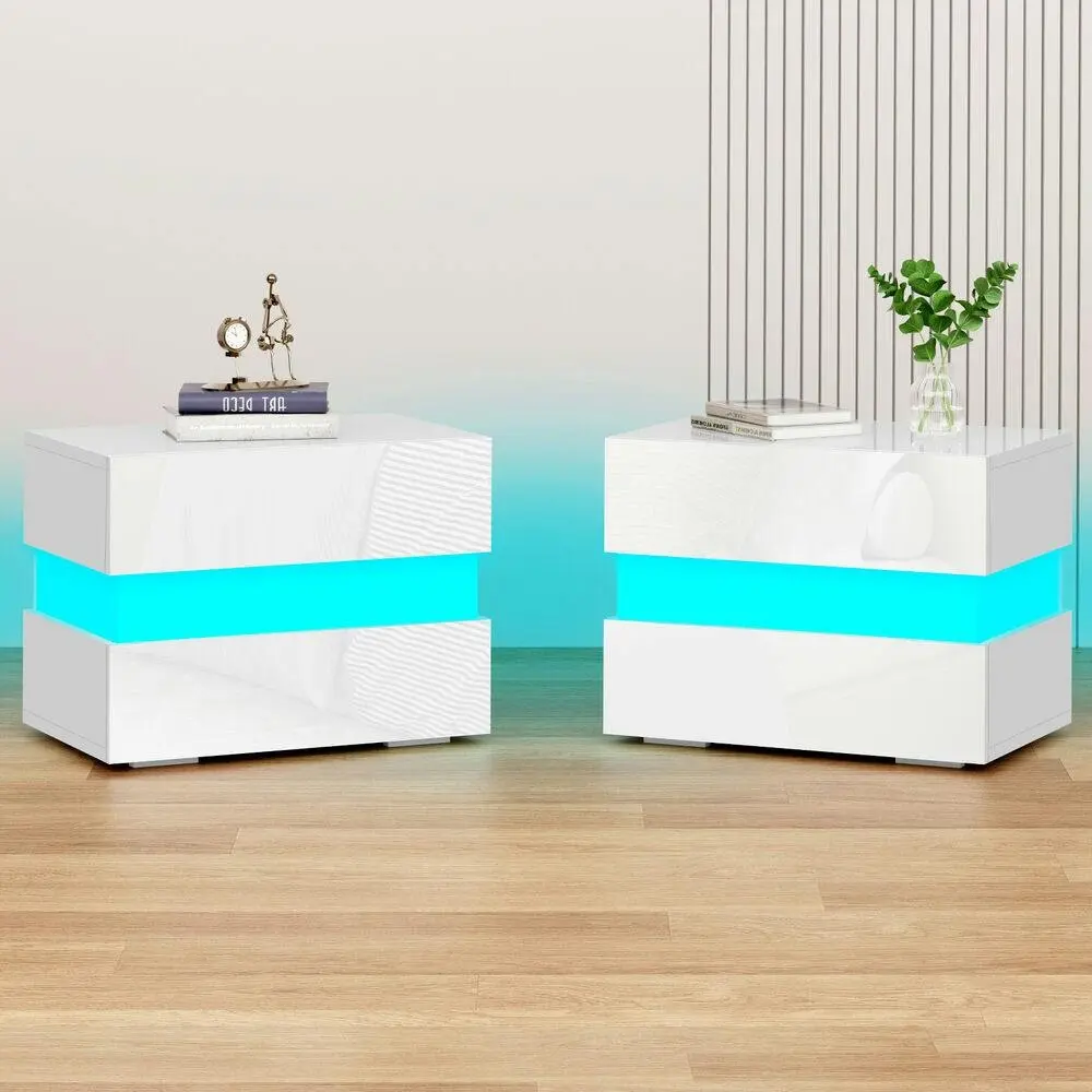 Alfordson 2x Bedside Table LED White - Furniture
