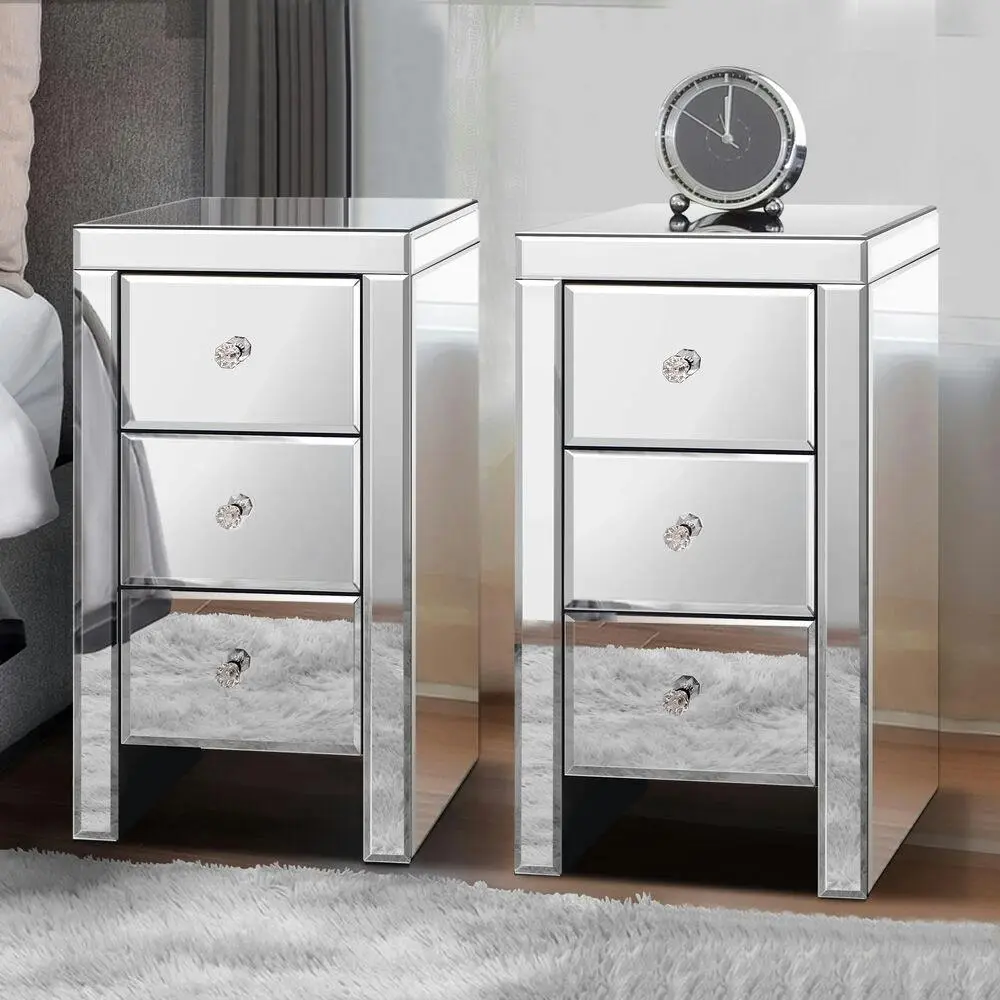 Alfordson 2x Mirrored Bedside Table - Silver