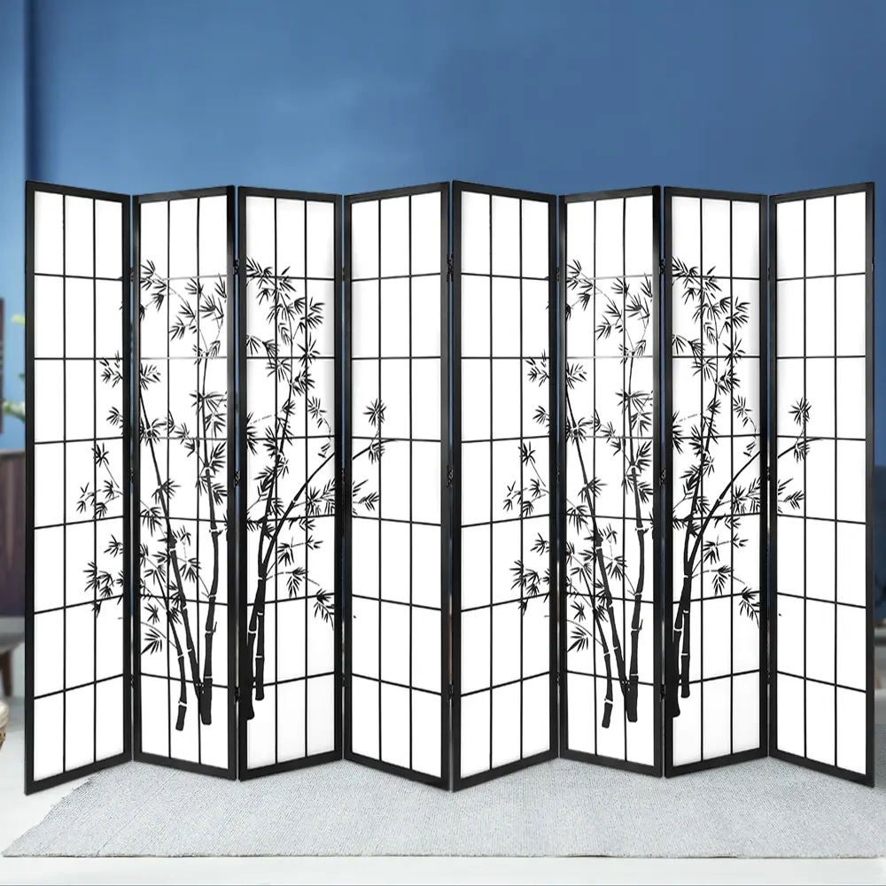 Artiss 8 Panel Room Divider Screen 348x179cm Bamboo Black White - Furniture