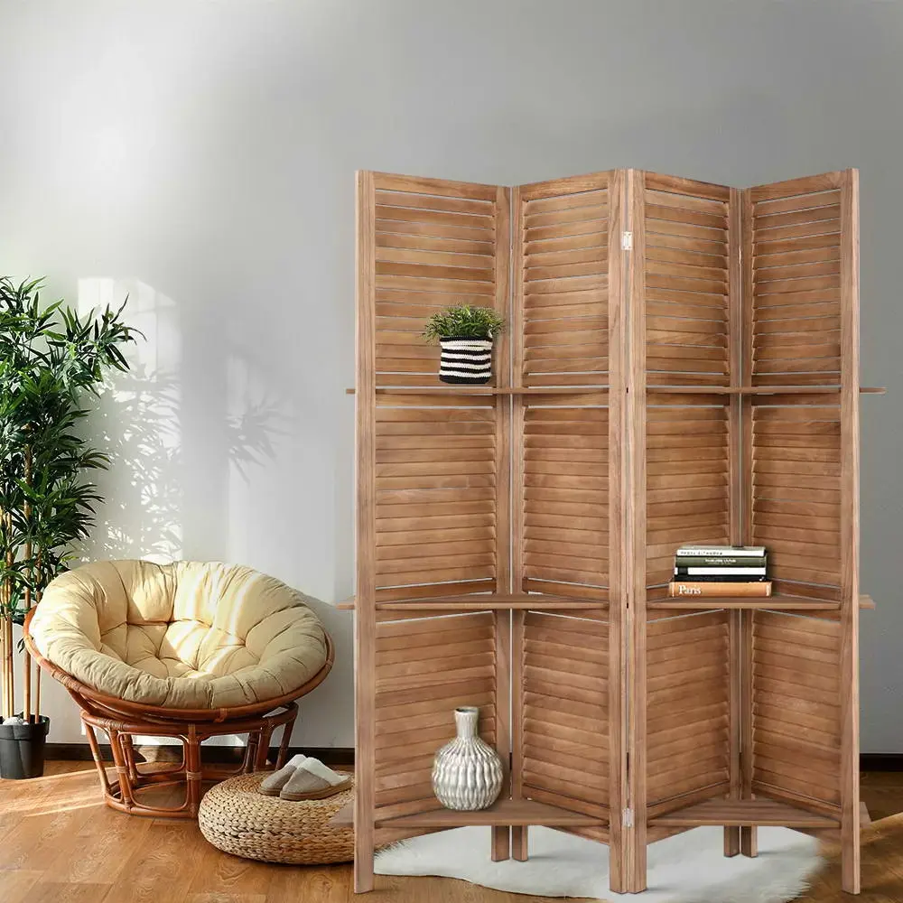 Artiss 4 Panel Room Divider Screen 163x170cm Shelf Oak - Furniture