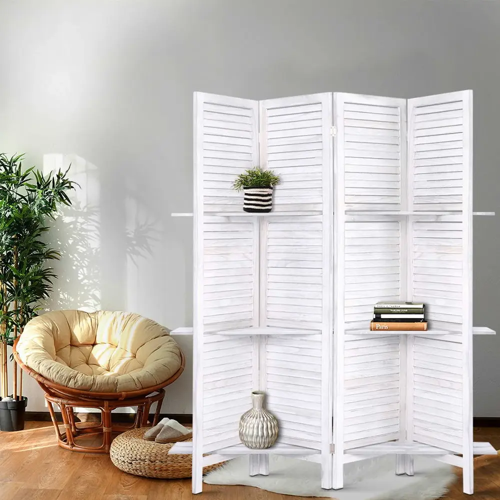 Artiss 4 Panel Room Divider Screen 163x170cm Shelf White - Furniture