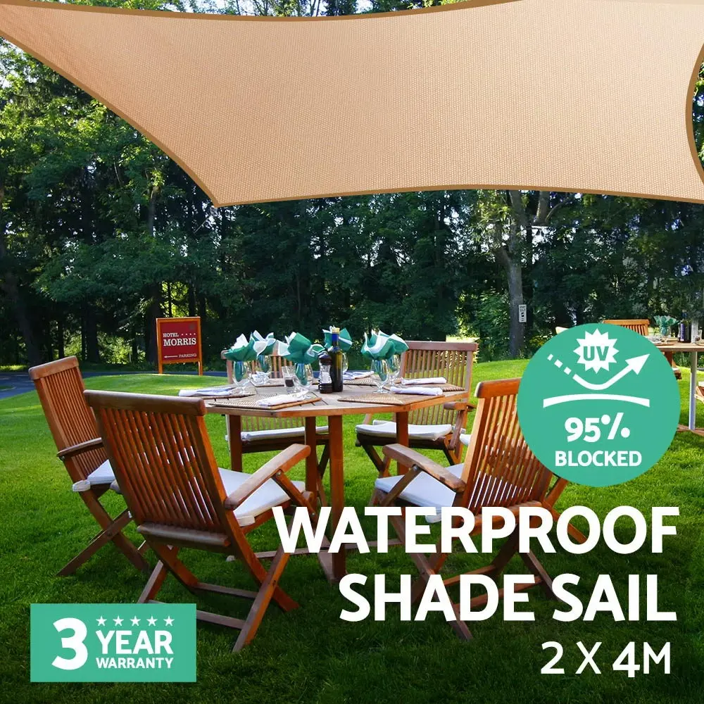 Instahut Waterproof Shade Sail 2x4m Rectangle Sand 95% Shade Cloth - Home & Garden