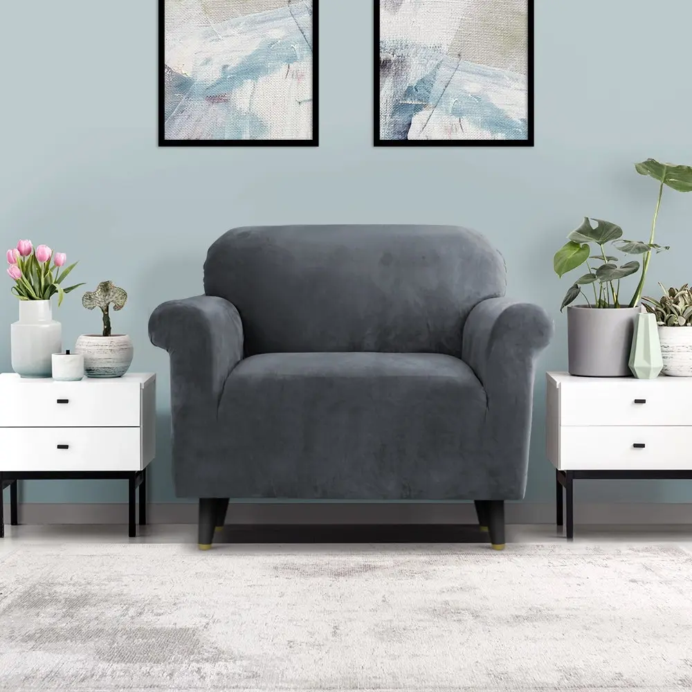 Artiss Sofa Cover Couch Covers 1 Seater Velvet Grey - Furniture