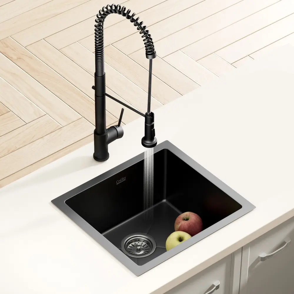 Cefito Stainless Steel Sink 51x45CM With Pull Out Mixer Tap Kitchen Single Bowl Black - Hardware