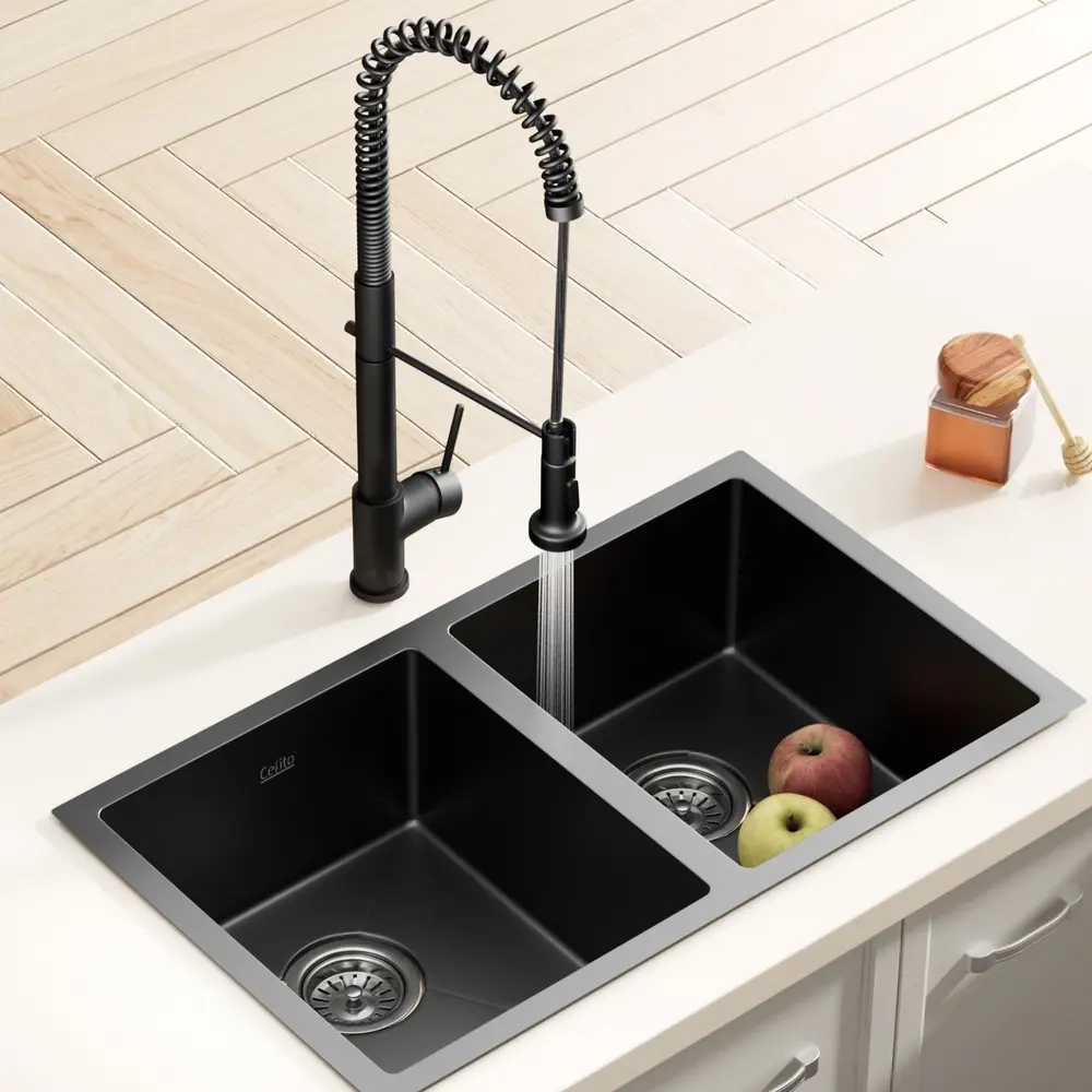 Cefito Stainless Steel Sink 77x45CM With Pull Out Mixer Tap Kitchen Double Bowl Black - Hardware