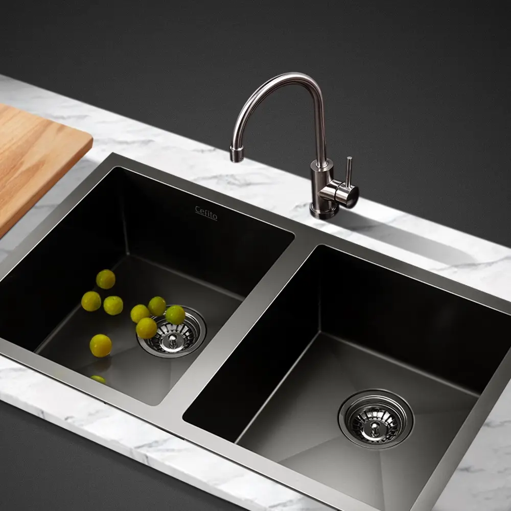 Cefito Kitchen Sink 77X45CM Stainless Steel Basin Double Bowl Black - Hardware