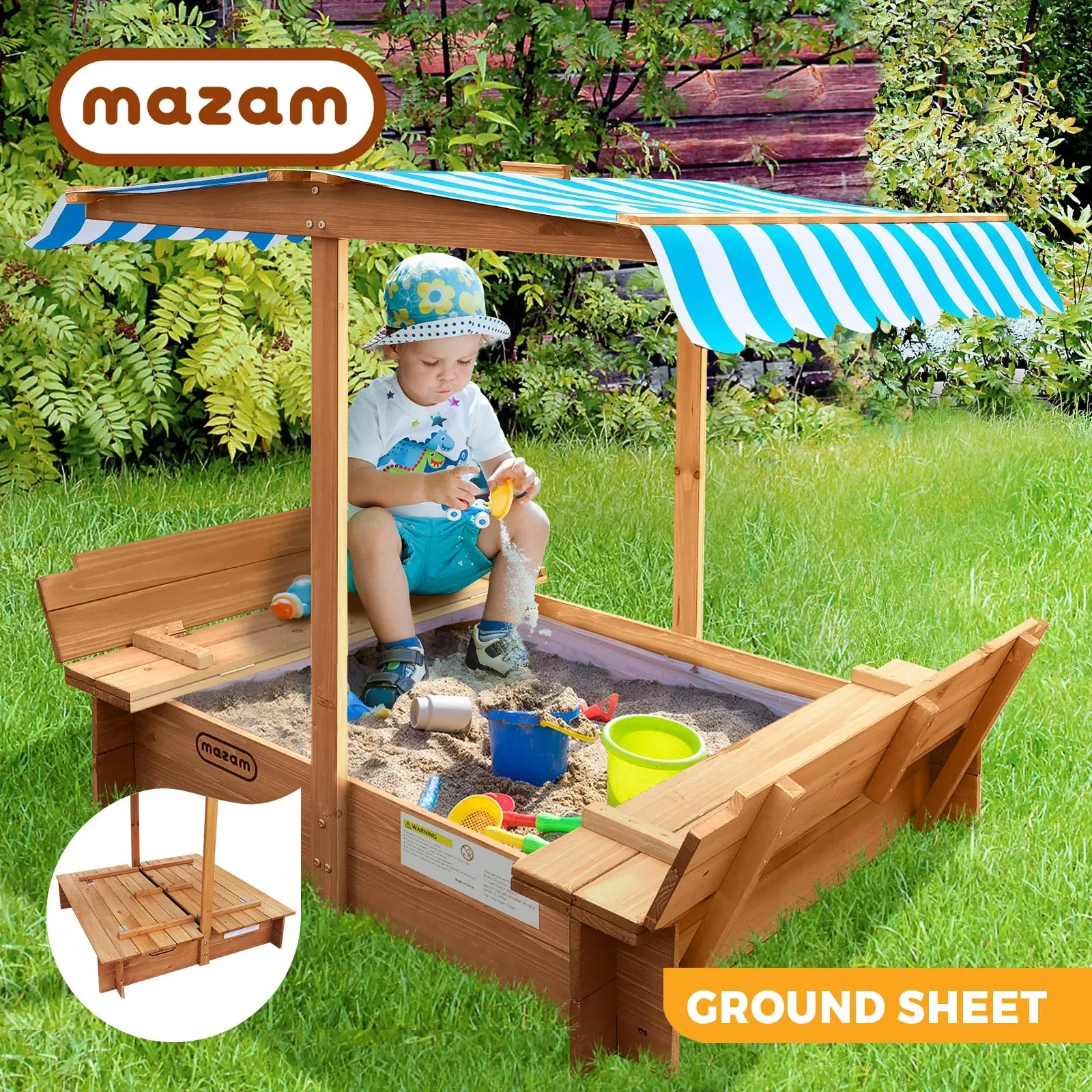 Mazam Kids Sandpit Outdoor Toys Wooden Sandbox Beach Play Box Children Canopy - Toys & Games