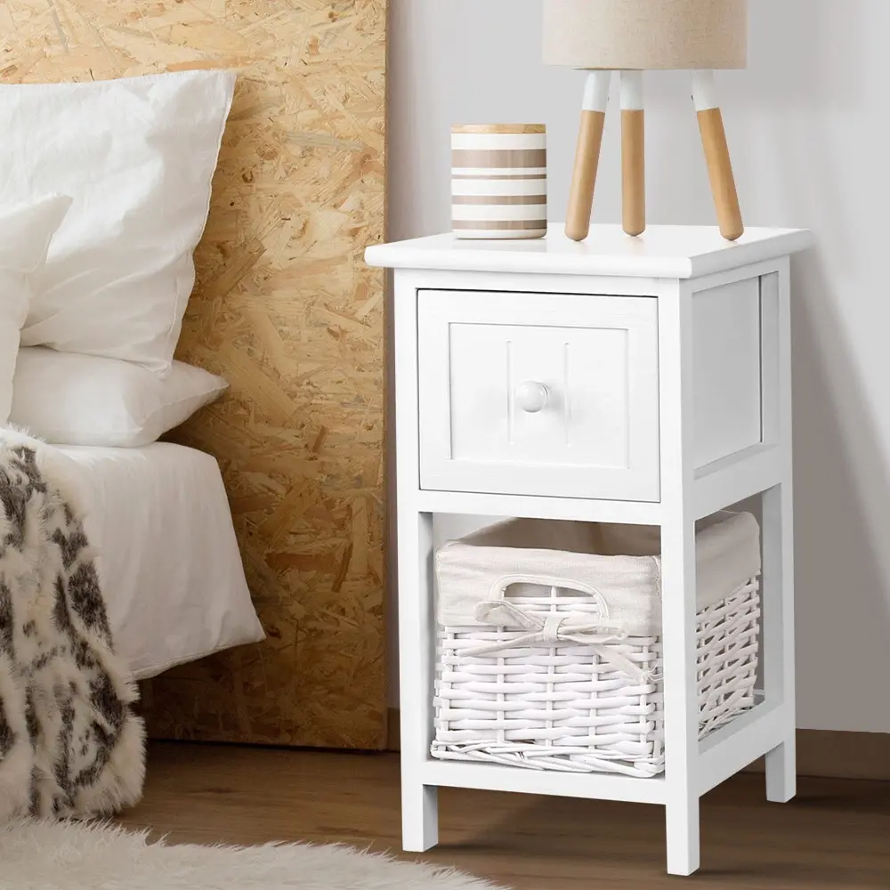 Artiss Bedside Table 1 Drawer with Basket Rustic White X2 - Free Shipping Specials