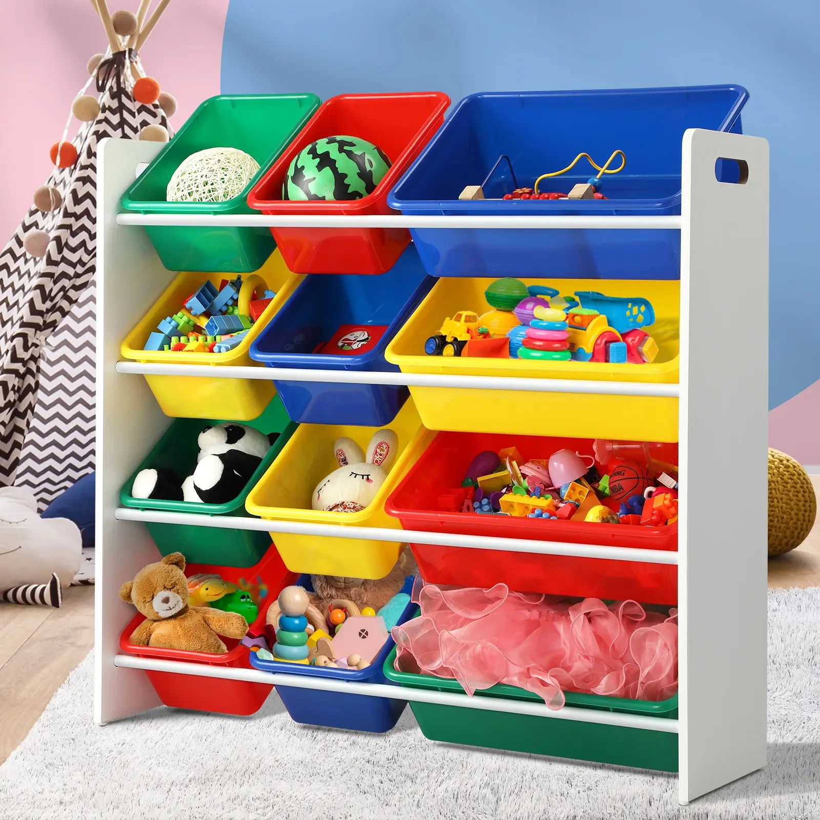 Oikiture Kids Toy Box Organiser 12 Bins Display Shelf Storage Rack Drawer - Furniture