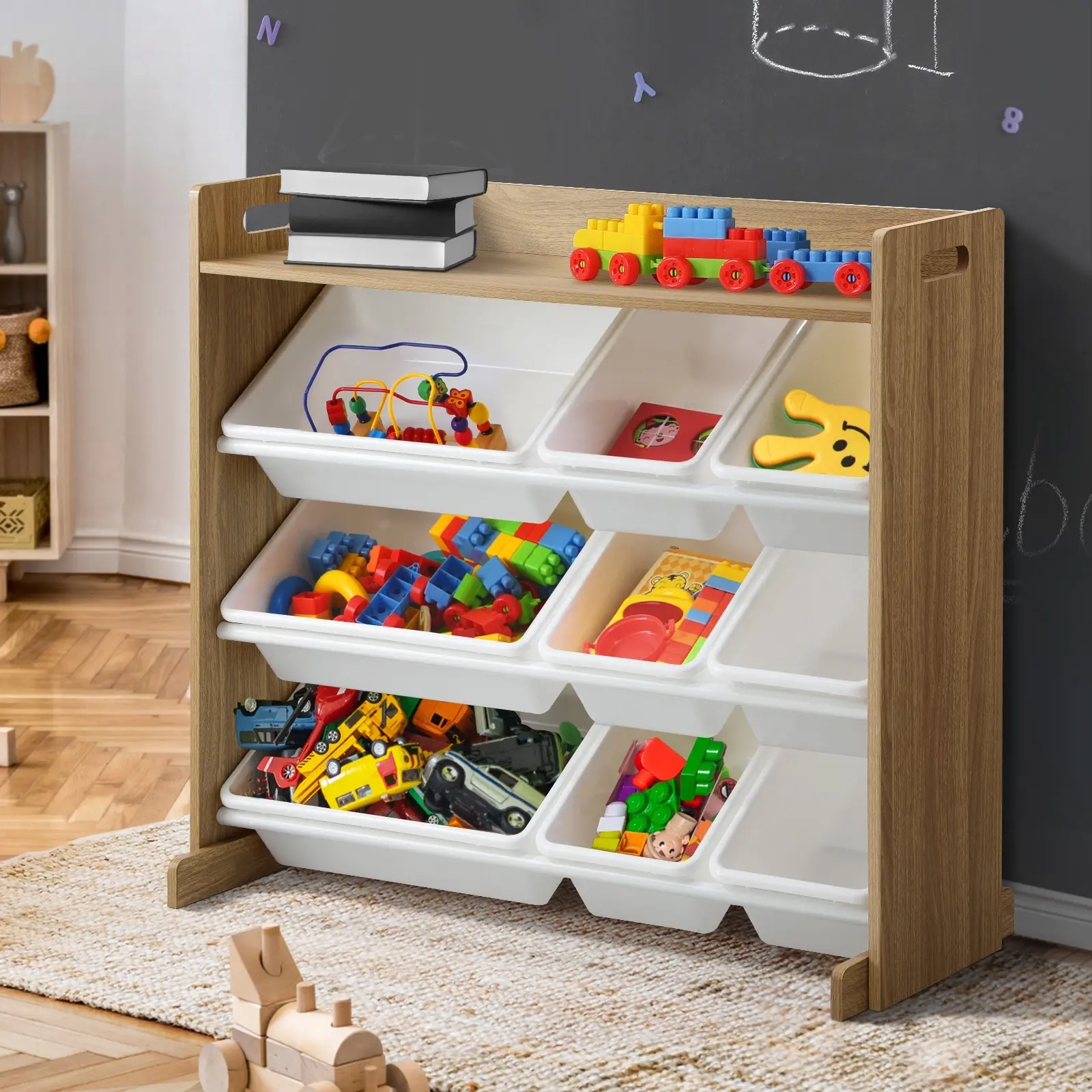 Oikiture Kids Toy Box 9 Bins Bookshelf Organiser Children Storage Rack Shelf - Furniture