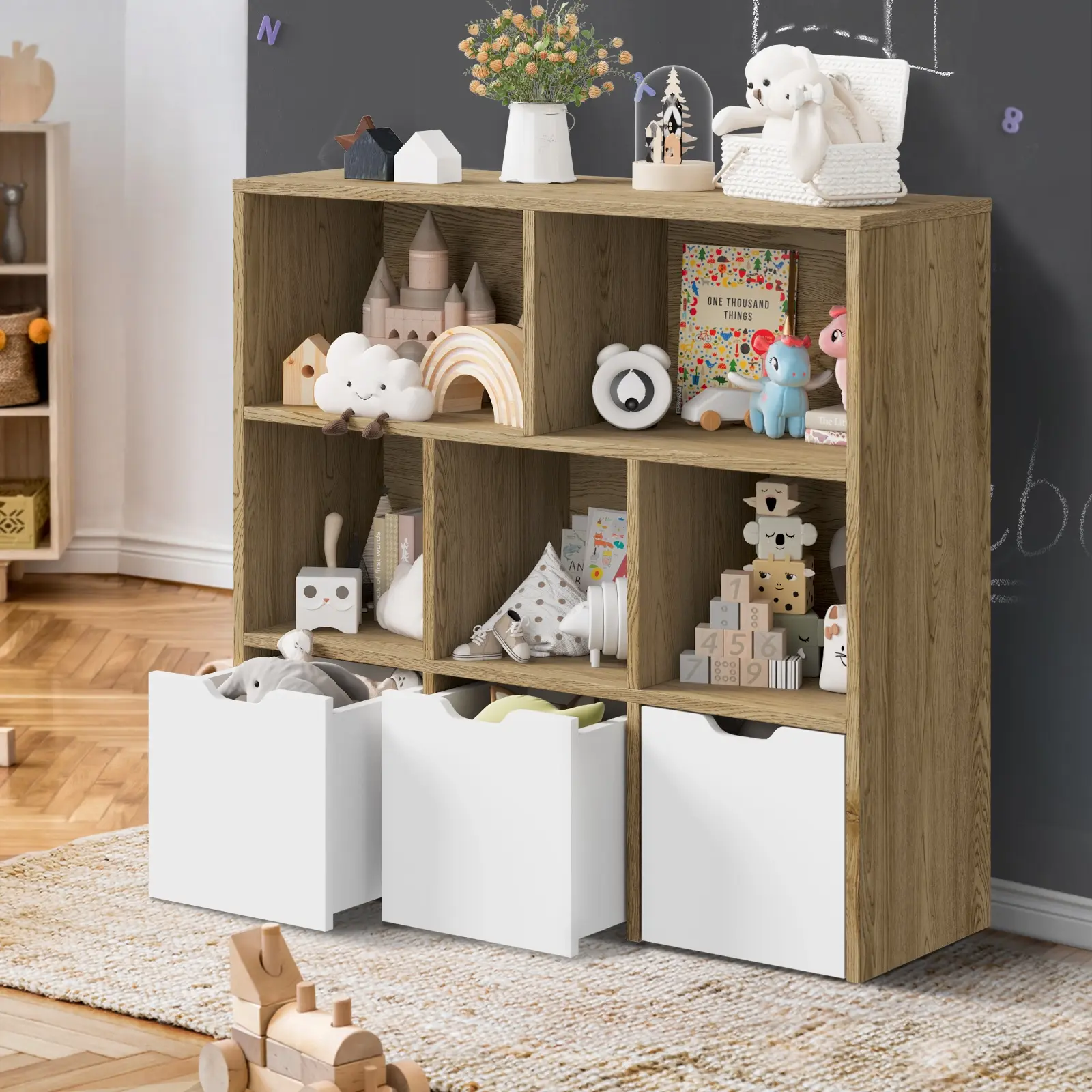 Oikiture Kids Bookcase Toy Organiser Cabinet With Removable Box Storage Natural - Up to 70% Off Kids & Baby Furniture