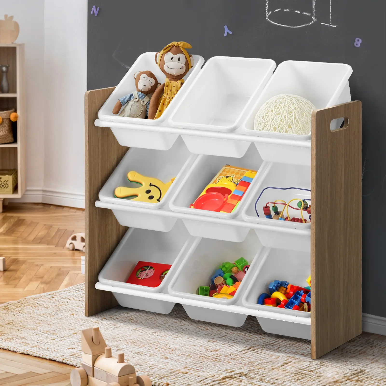 Oikiture Kids Toy Box Organiser 9 Bins Display Shelf Storage Rack Natural White - Furniture