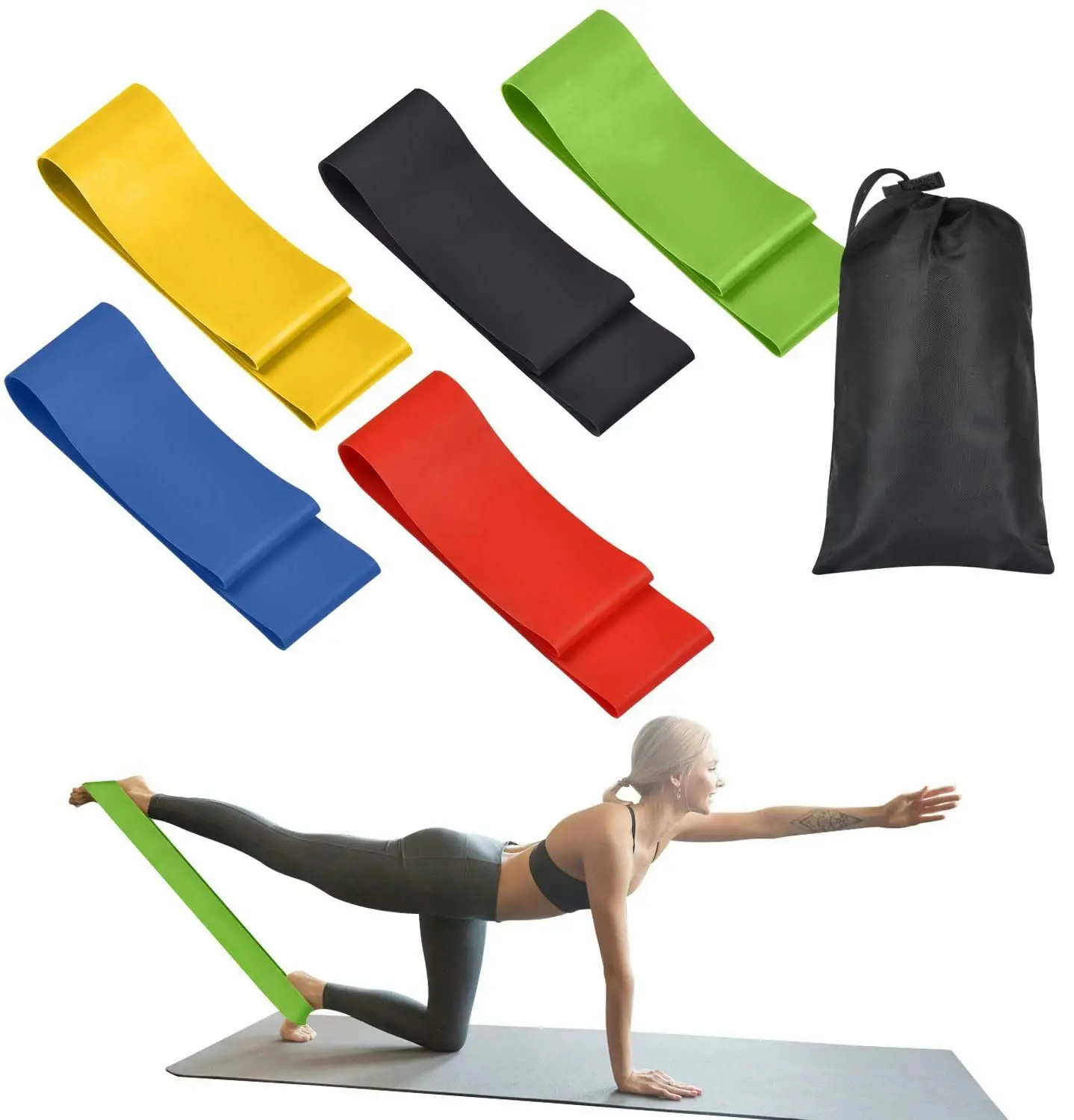 Exercise Pilates Yoga Loop Resistance Band Workout Physio Stretch Aerobics 5 Set + Bag - Beauty