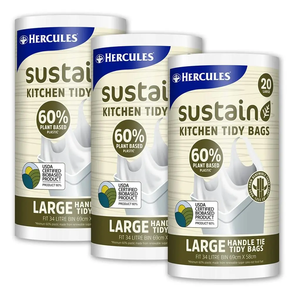 60pc Hercules Sustain 34L Large Garbage/Trash Bin Bags Plant Based Waste Plastic - Home & Garden