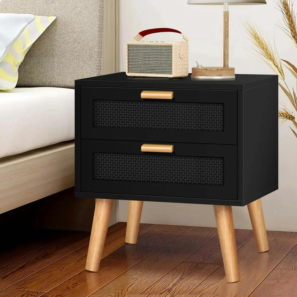 Alfordson Bedside Table Nightstand Side Cabinet Rattan Black - Furniture