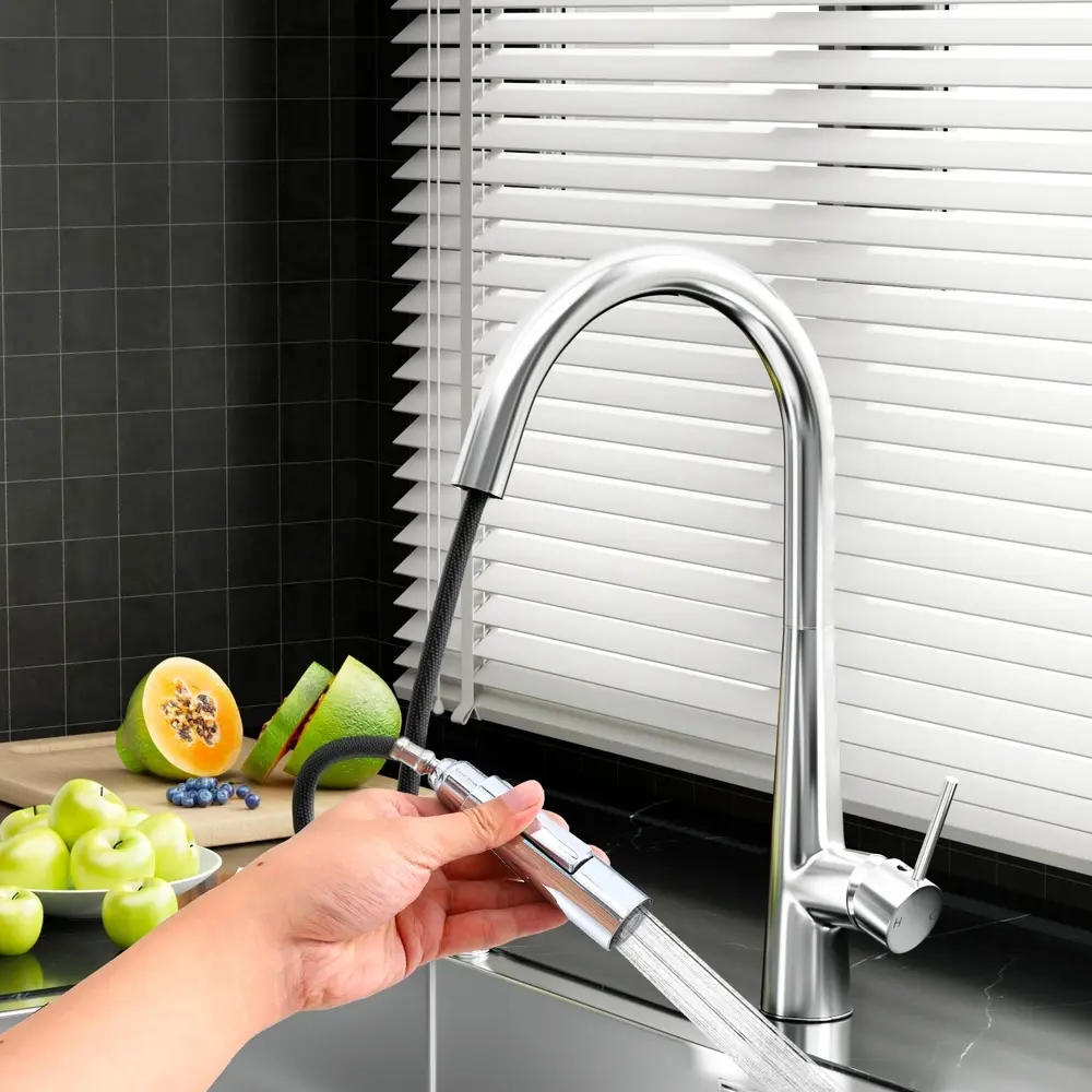 Cefito Kitchen Mixer Tap Pull Out Round 2 Mode Sink Basin Faucet Swivel WELS Chrome - Hardware