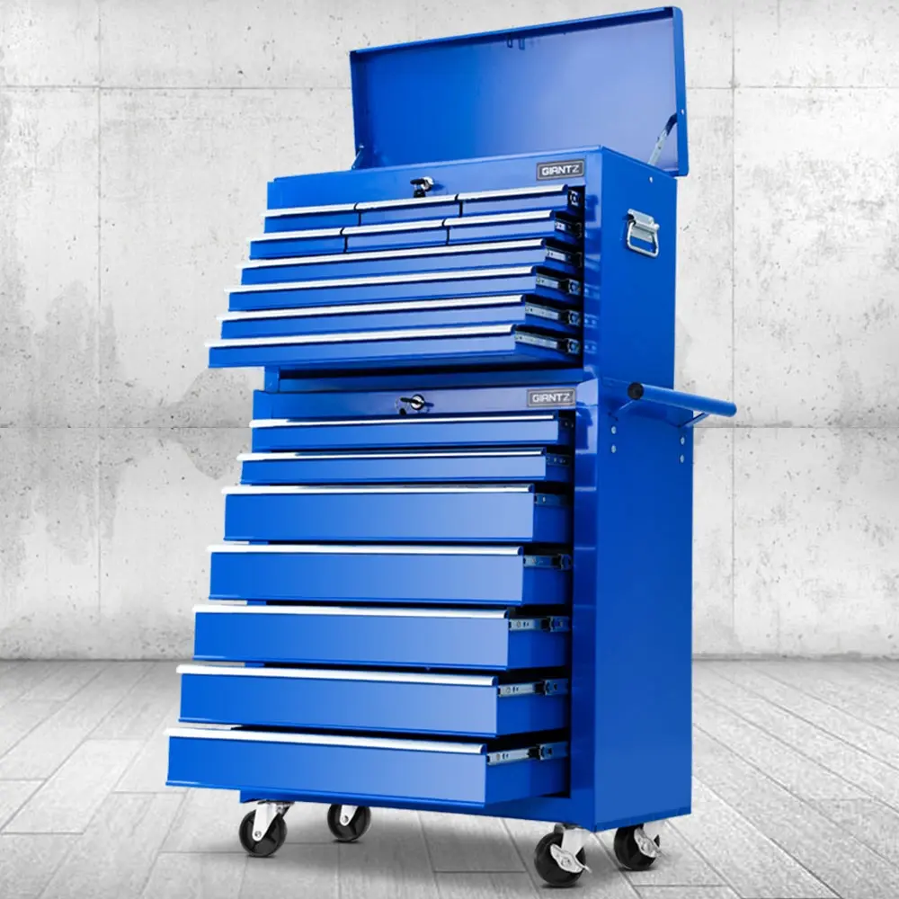 Giantz 17 Drawer Tool Box Cabinet Chest Trolley Toolbox Garage Storage Box Blue - Hardware