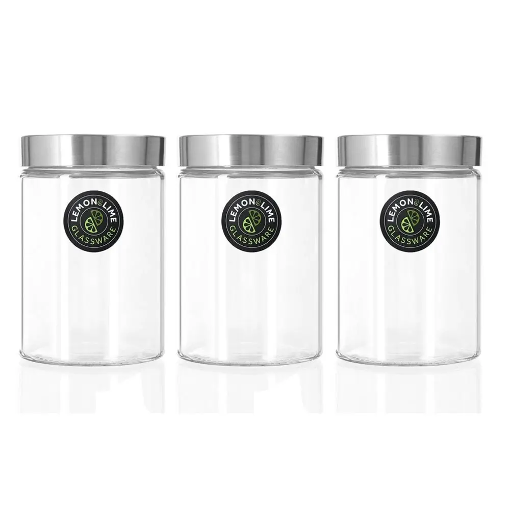 3x Lemon & Lime Alto 1.2L Glass Jar 17cm Stainless Steel Lid Kitchen Storage CLR - Home & Garden