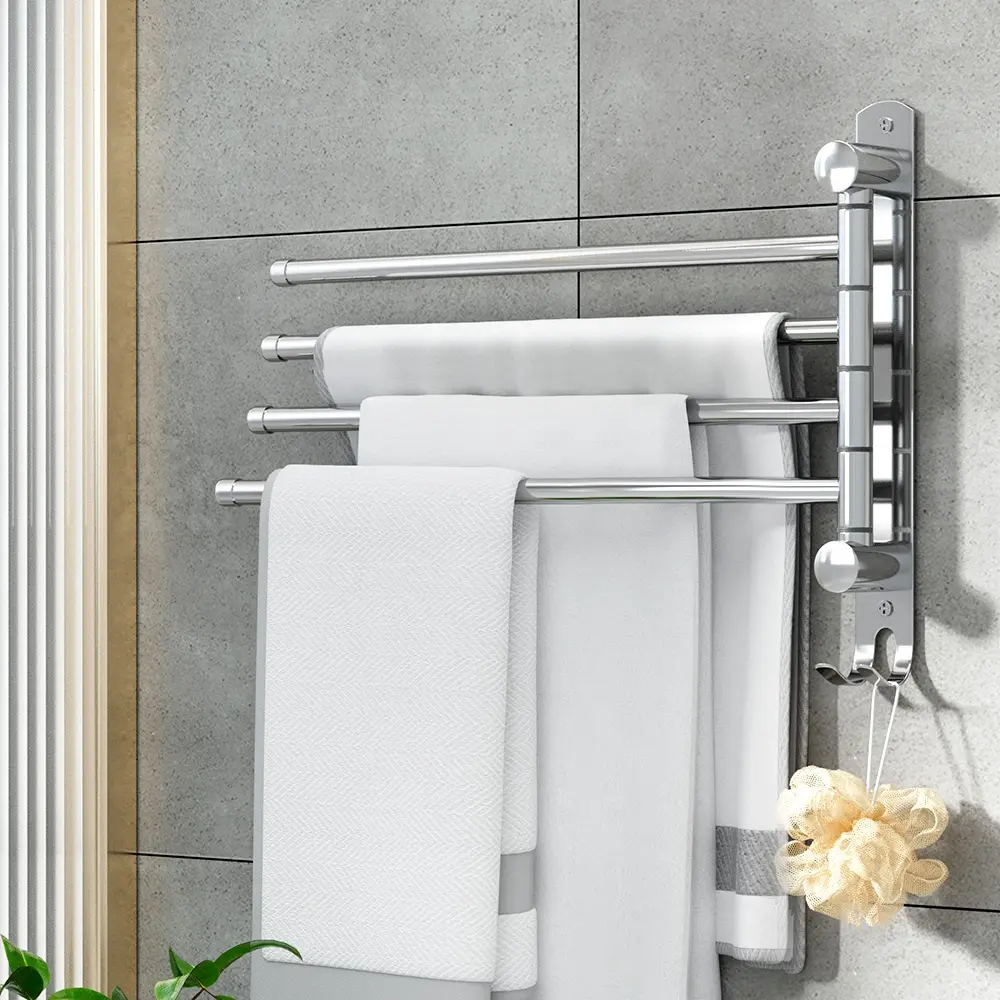 Towel Rail Rack Holder 4 Bars Wall Mounted Stainless Steel Swivel Hanging Hook - Home & Garden