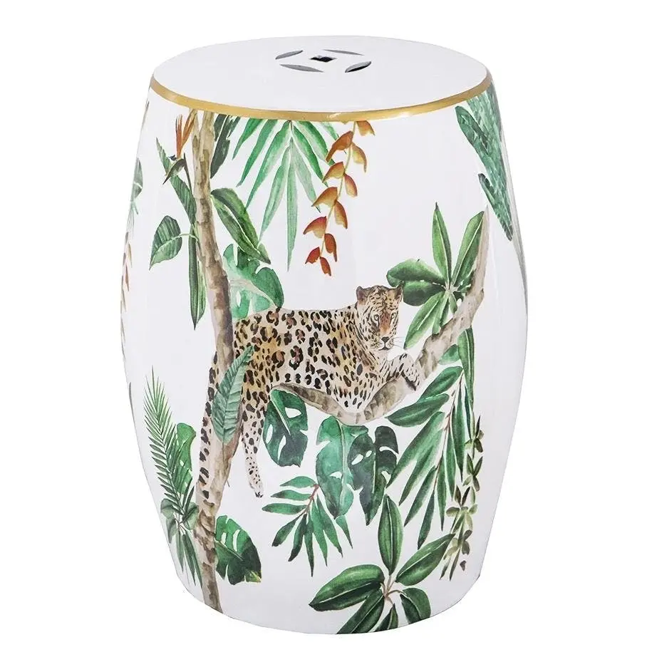 Leopard Jungle Foliage Ceramic Design Stool Side Table White - Furniture