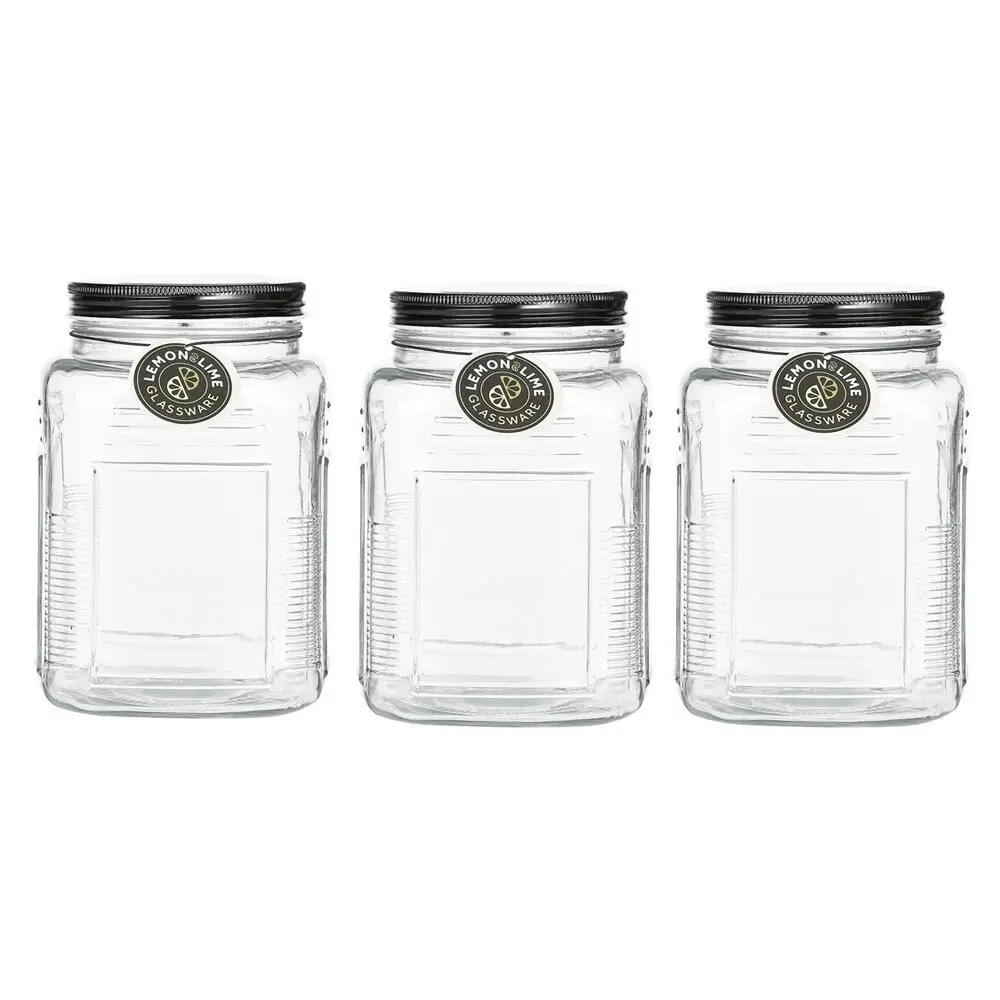 3PK Lemon & Lime Ascot Glass Jar 1.5L Kitchen Storage Canister Container Clear - Home & Garden