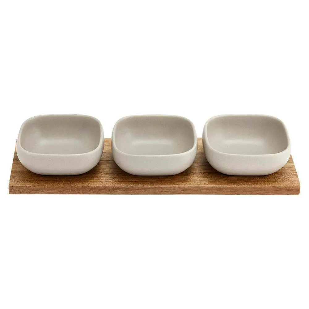 4pc Ladelle Essentials Porcelain Dip/Sauce Bowl & 32.5cm Acacia Tray Set Stone - Home & Garden