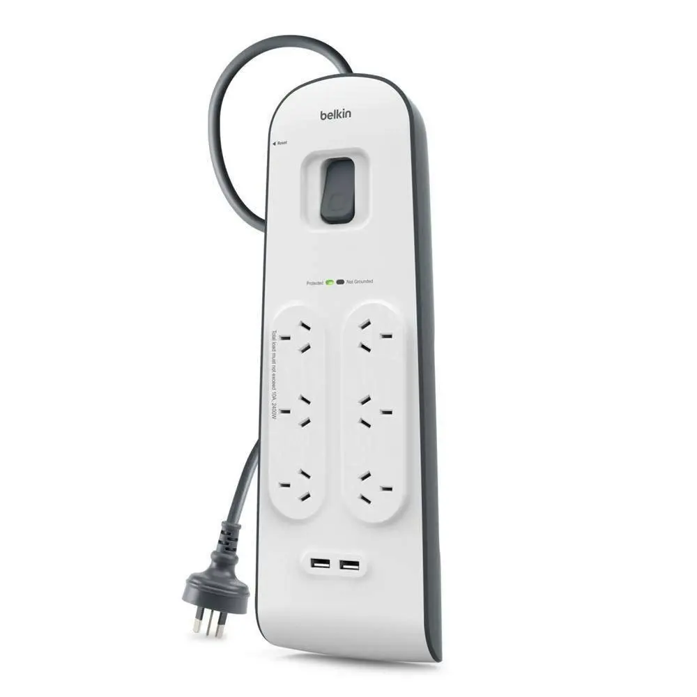 Belkin 6 Way Outlet Surge Protector 2M Power Board 2.4A w 2 USB Ports Charger - Electronics