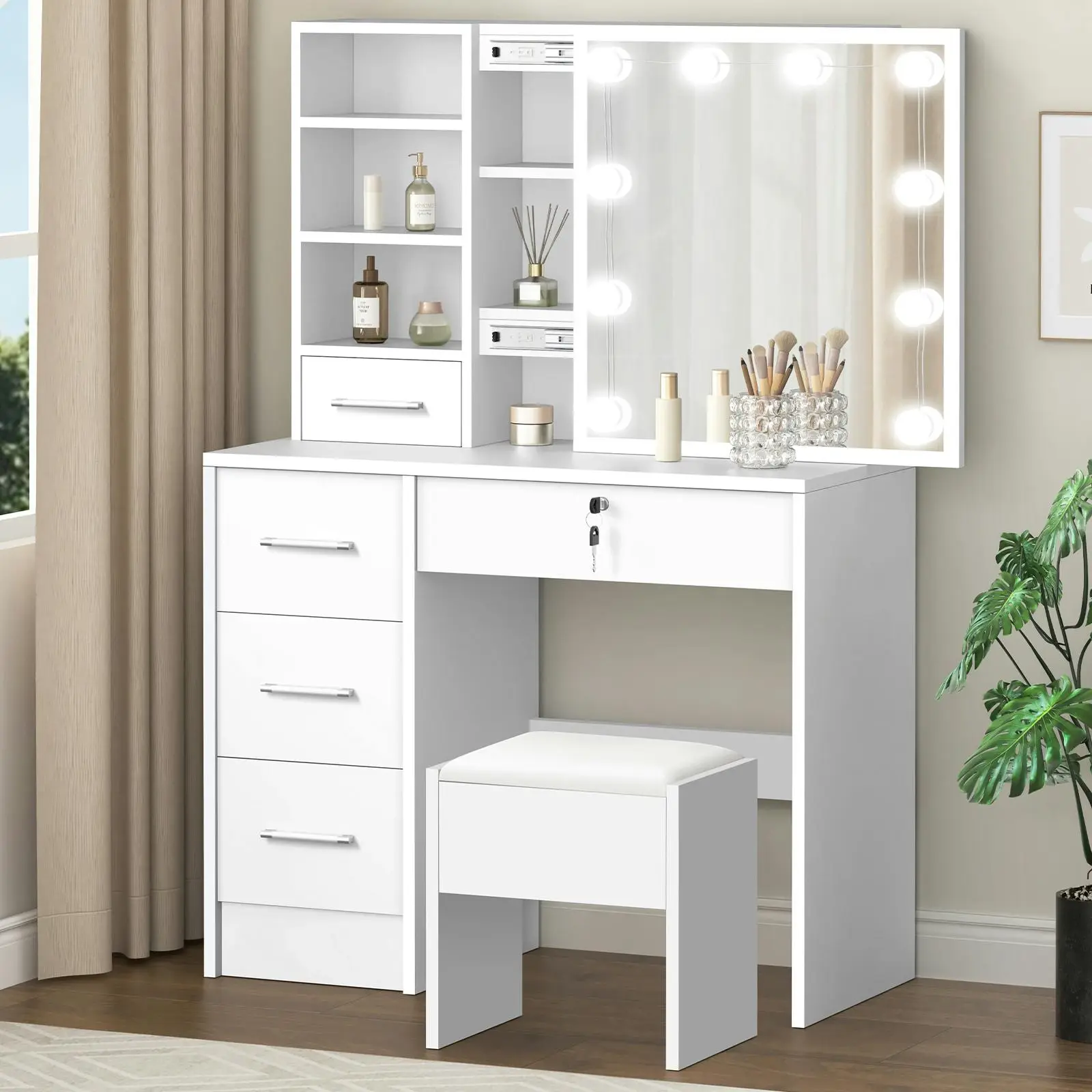 Alfordson Dressing Table Stool Set Mirror Bulbs White - Furniture
