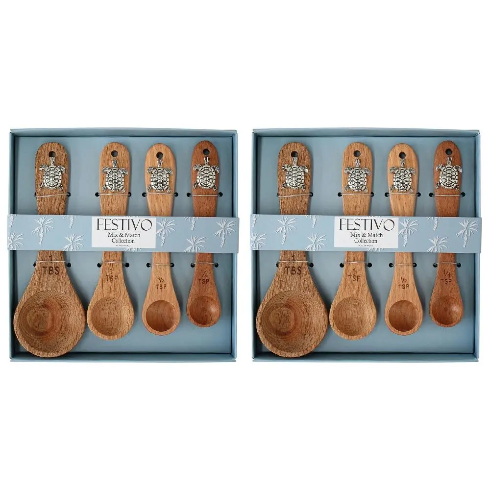 2x 4pc LVD Acacia/Metal Measuring Spoon Set Cooking/Baking Utensils Turtles - Home & Garden