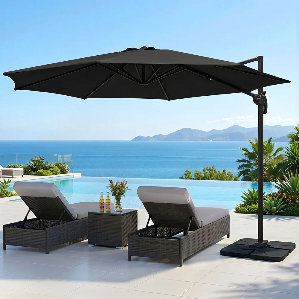 Instahut 3m Outdoor Umbrella Cantilever 360 Degree Tilt Beach Roma Black - Home & Garden