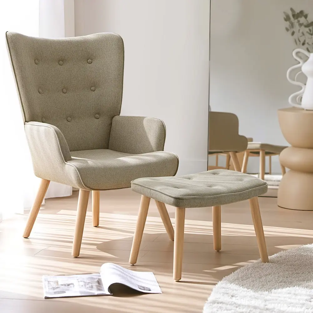 Artiss Armchair Set with Ottoman Beige Lansar - Furniture