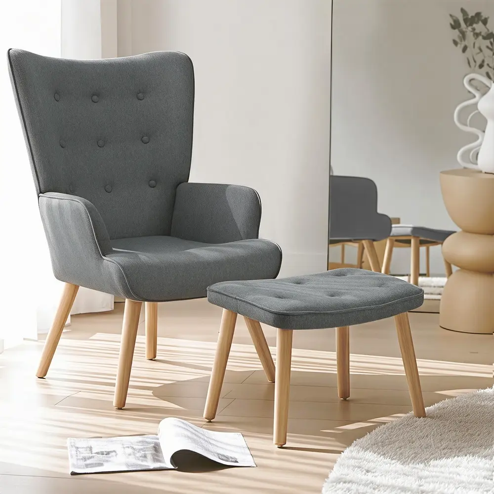 Artiss Armchair Set with Ottoman Grey Lansar - Over 40% off Living Room Furniture