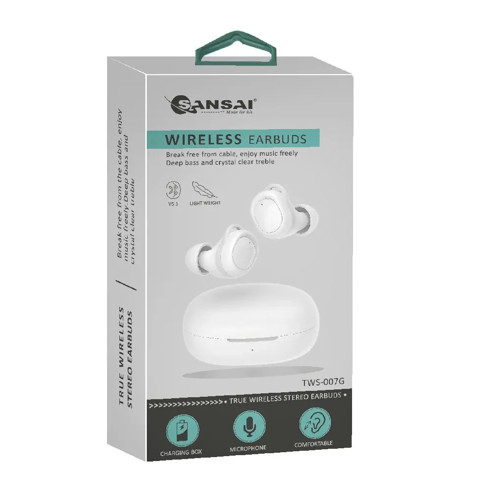 Sansai TWS Earbuds Bluetooth 5.1 True Wireless w/ Charging Case 6x5 cm White - Electronics