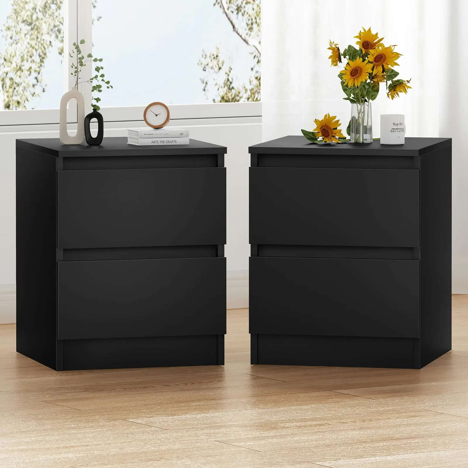 Alfordson 2x Bedside Table 2 Drawers Black - Furniture
