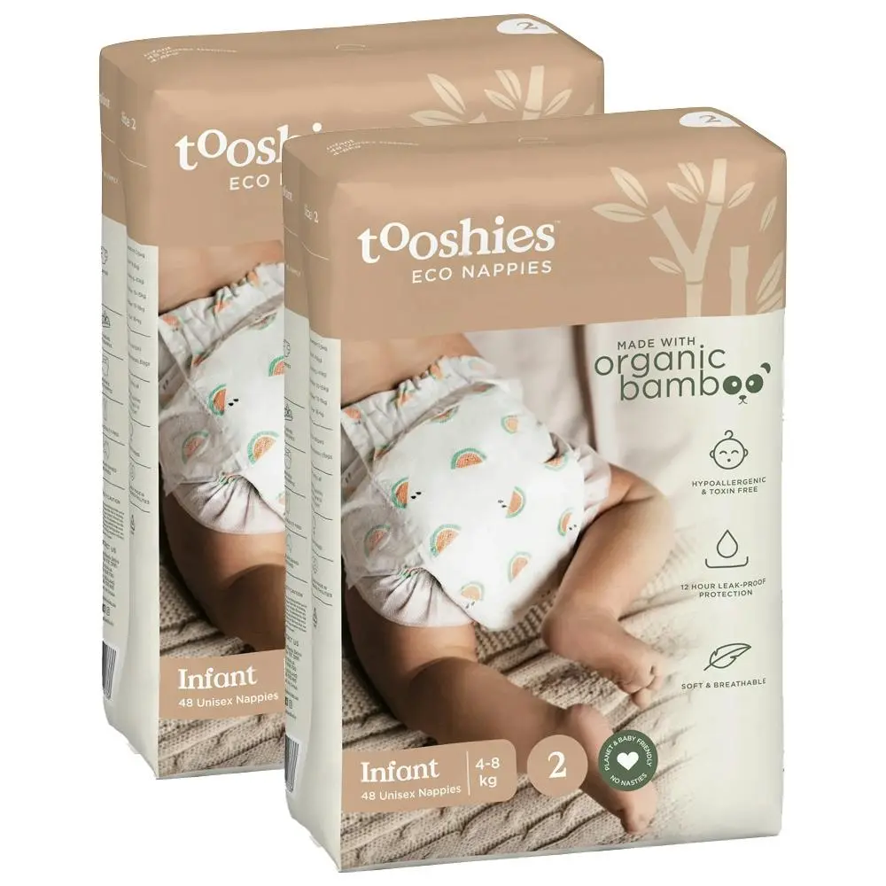 96pc Tooshies Eco Organic Bamboo Unisex 4-8kg Nappies Infant Size 2 Diapers