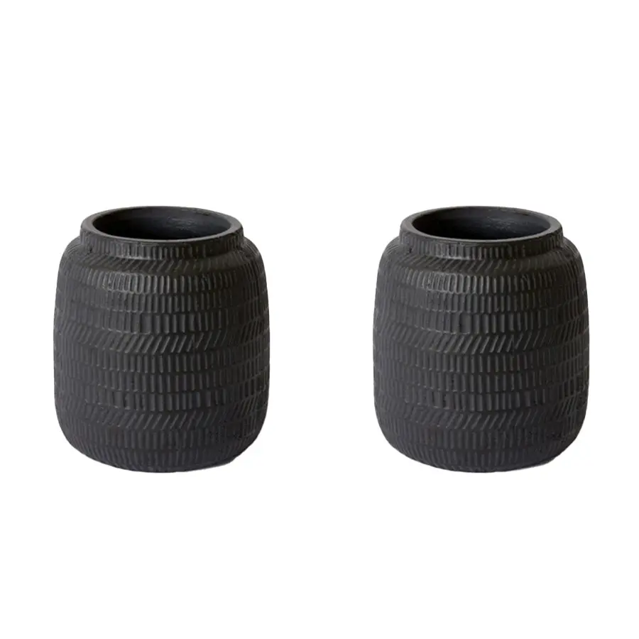 2x E Style Terrell 20cm Cement Plant Pot Home Decorative Planter Round Black - Home & Garden