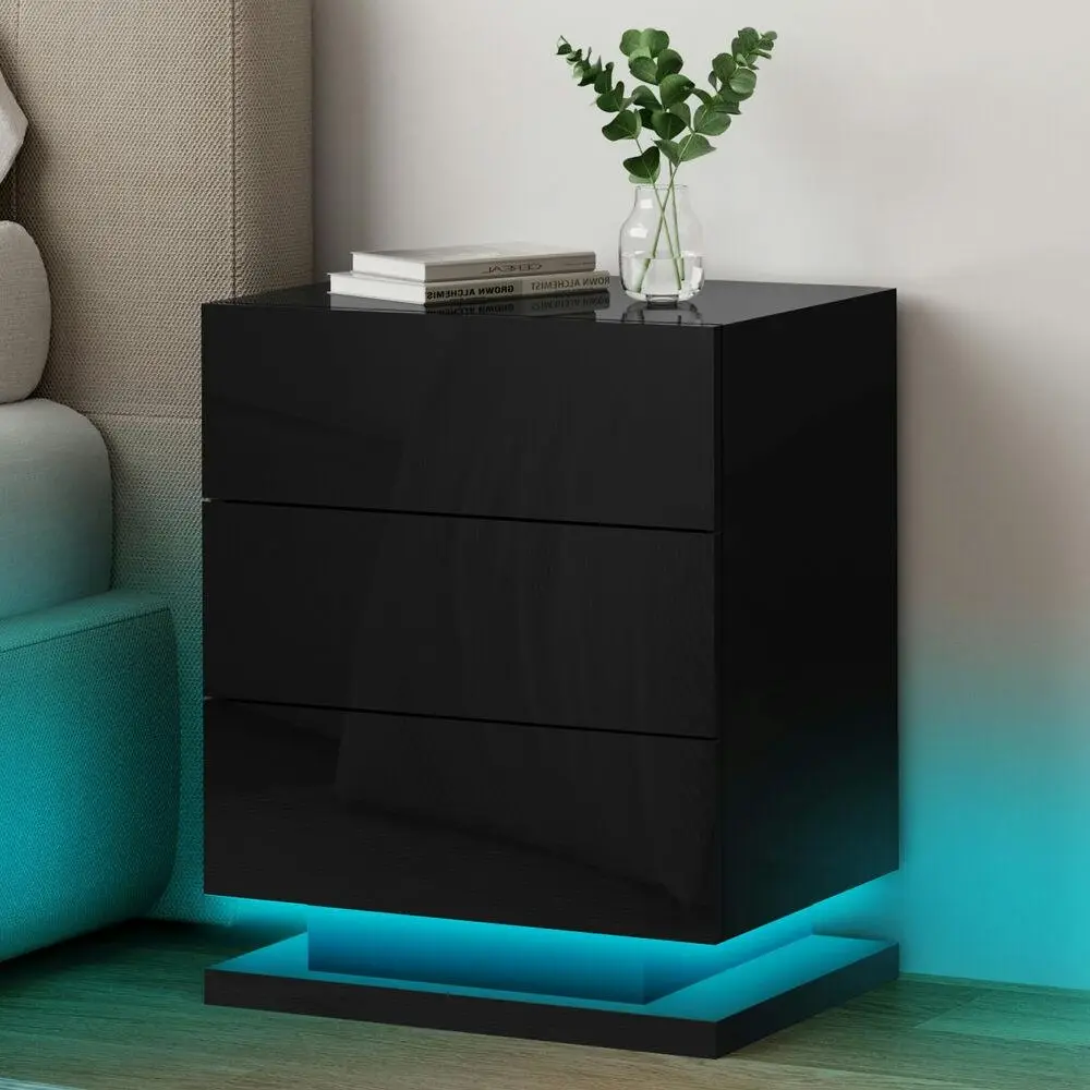 Alfordson Bedside Table Gloss LED Black - Furniture