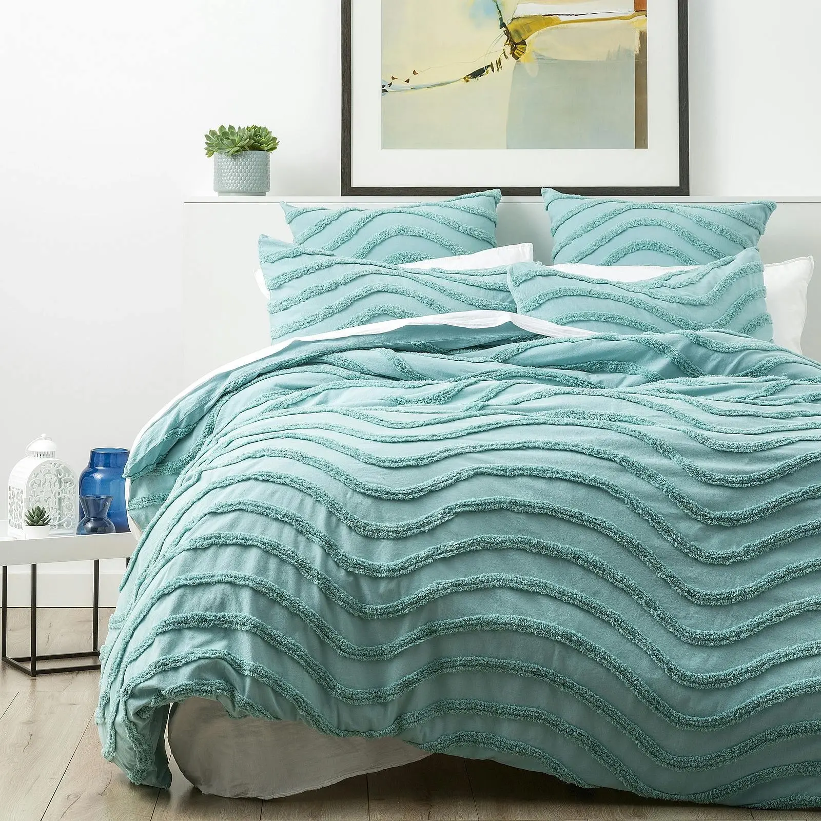 Cloud Linen Wave Queen Bed Quilt Cover Chenille VINT Washed Tufted Cotton Aqua - Winter Warmers up to 70% Off