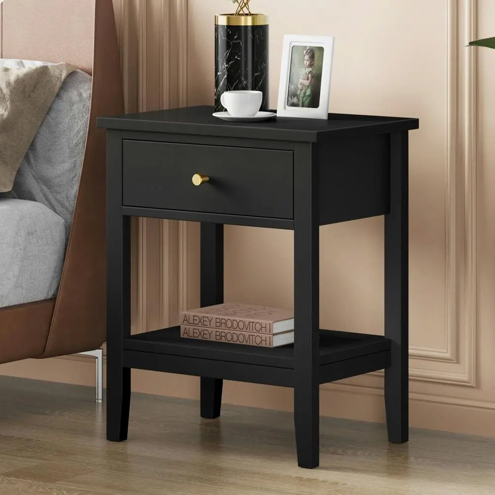 Alfordson Bedside Table Hamptons Nightstand Storage Side End 1 Drawer Black - Furniture