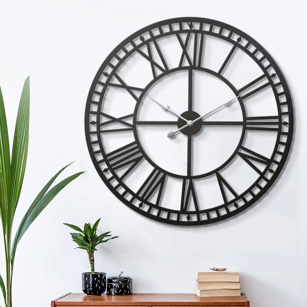 Artiss 60cm Wall Clock Large Roman Numerals Metal Black - Free Shipping Specials