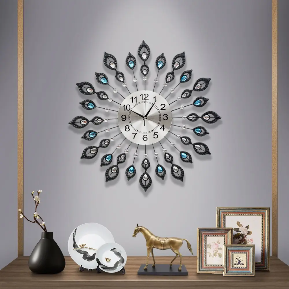 Artiss 60cm Wall Clock Large 3D Peacock Crystal Silver - Home & Garden