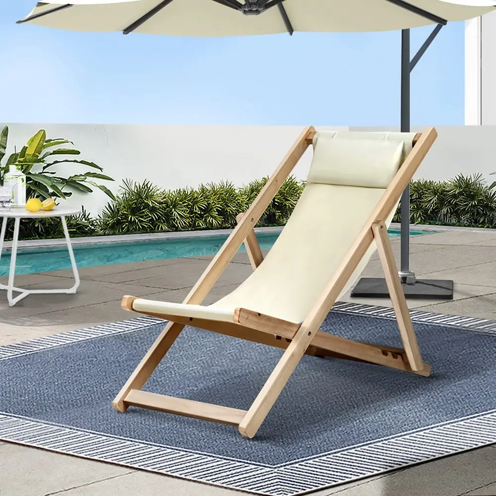 Gardeon Outdoor Deck Chair Wooden Sun Lounge Folding Beach Patio Furniture Beige