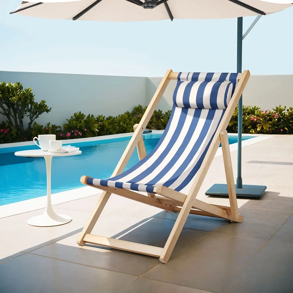 Gardeon Outdoor Deck Chair Wooden Sun Lounge Folding Beach Patio Furniture Blue