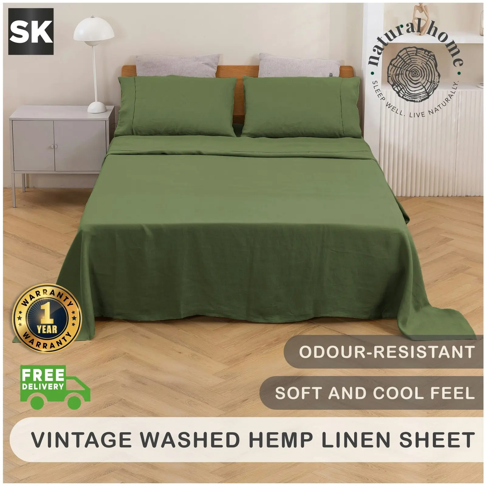 Natural Home Vintage Washed Hemp Linen Sheet Set Olive Super King Bed - Home & Garden