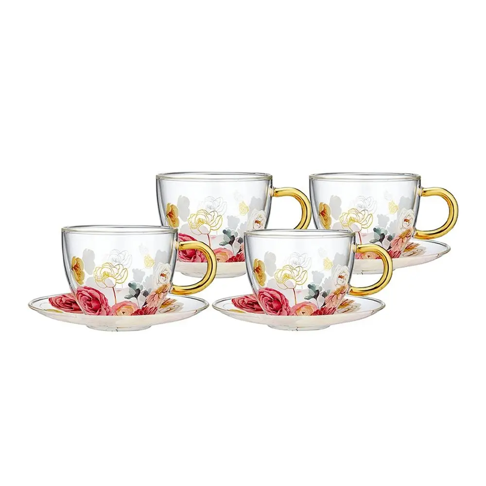 Ashdene 300ml Springtime Soiree Double Walled Glass Flowers Tea Cup/Saucer Set - Home & Garden